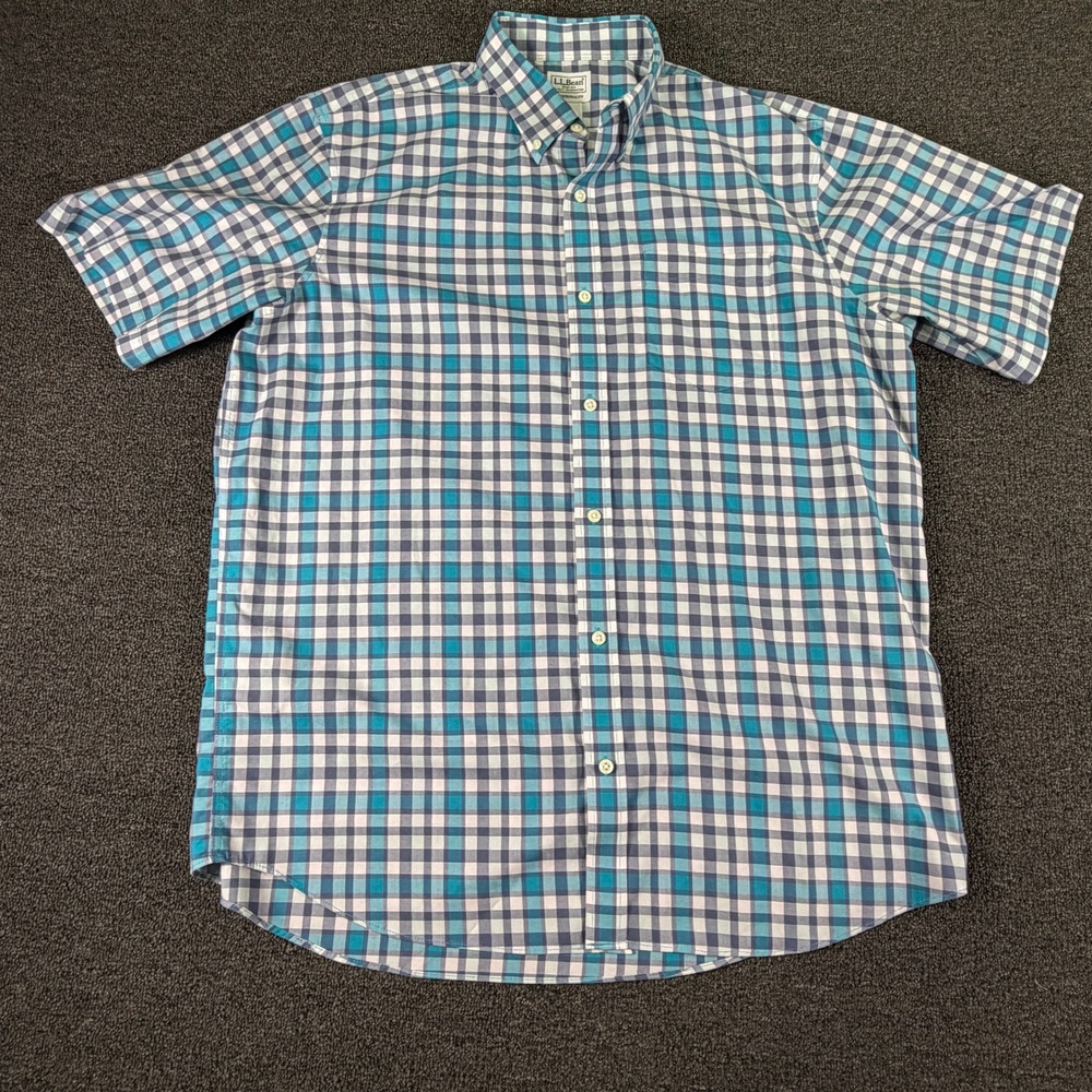 L.L. Bean Button-Down Mens Large Traditional Fit Teal Blue Plaid 502253 EUC